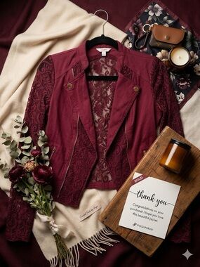 Candie's Lace-Panel Moto Jacket in Burgundy